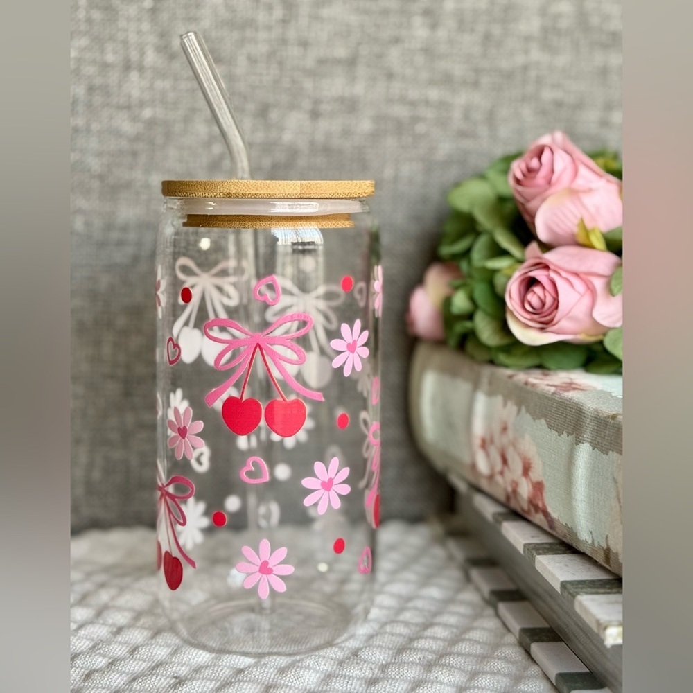 New Pink Bows & Cherry Clear Glass Drink Cup w/ Wood Lid & Glass Straw 16oz